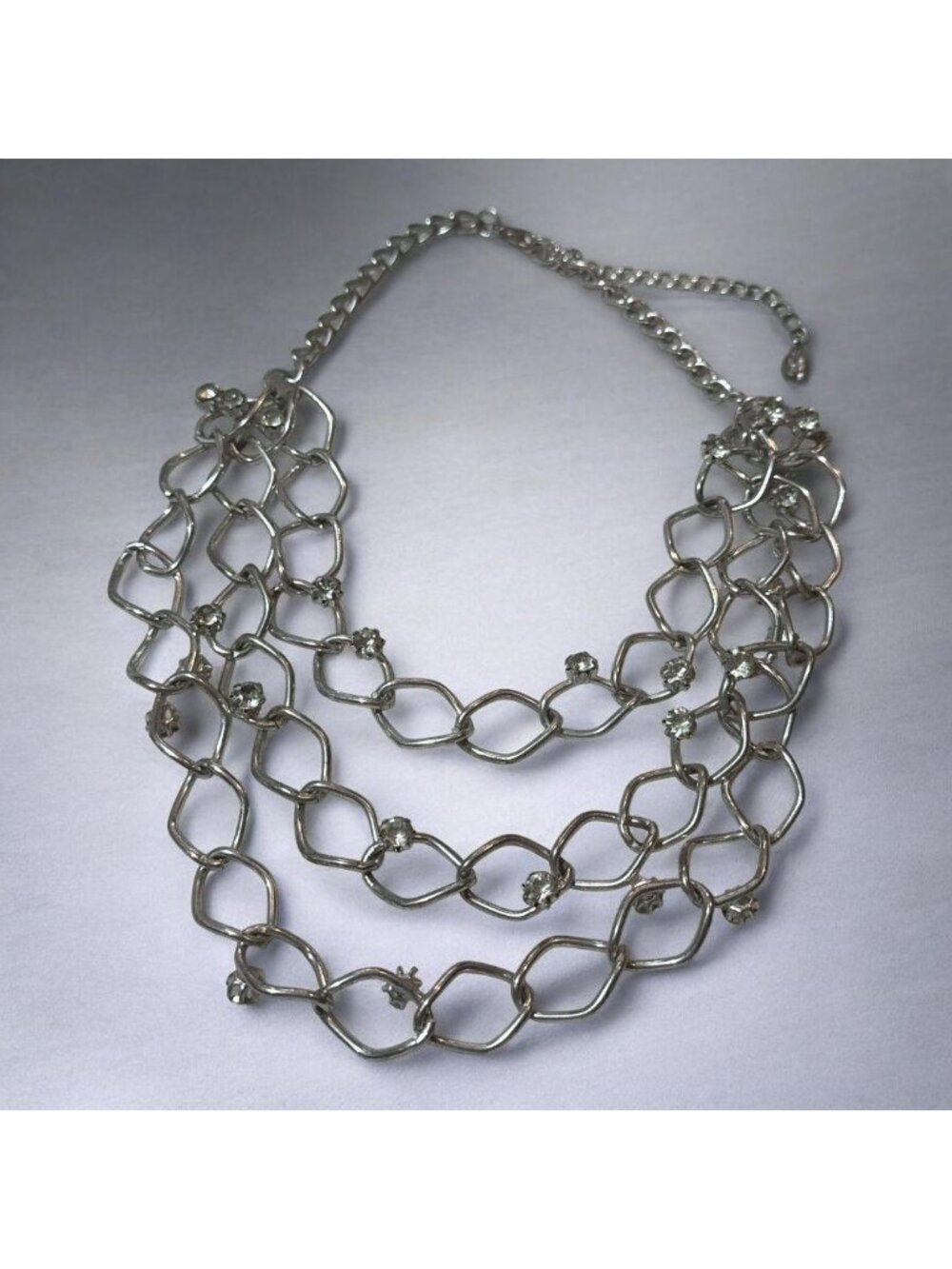 Rhinestone-Embellished Multi-Strand Chain Necklace Silver-Tone Statement Jewelry